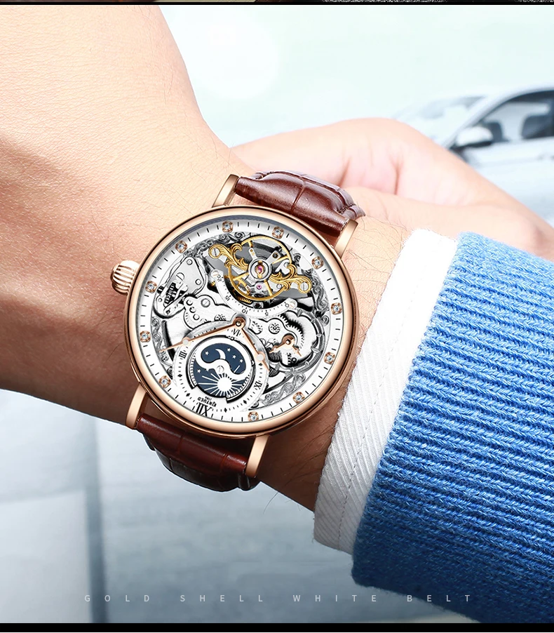 KINYUED, водонепроницаемые мужские Tourbillon часы с скелетом, лучший бренд, роскошные прозрачные механические часы с фазой Луны, спортивные мужские наручные часы