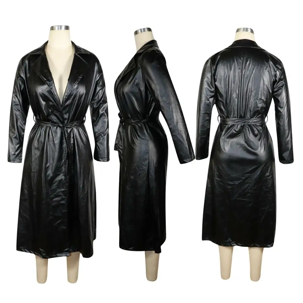 

Adogirl Autumn Winter Solid PU Leather Trench Coat With Belt Turn Down Collar Long Sleeve Midi Jacket Fashion Elegant Cardigan