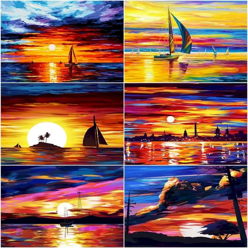 

GATYZTORY Oil Painting By Numbers Sunset Sailboat On The Sea For Adults DIY Kits Canvas Frame Drawing Coloring By Numbers Decor