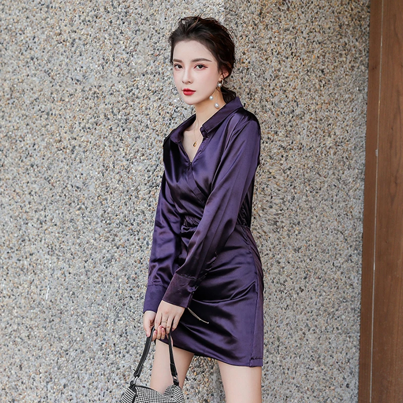 

Dress Women Autumn Spring Elegant Office Ladies Long Sleeve Shirt Dresses Fashion Casual Pure Purple Midi Clothes