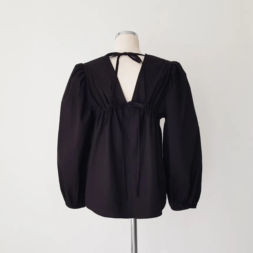 

Sexy Backless Bandage Puff Sleeve Shirt Woman's Solid Elegant O Neck Loose Women Blusas Korean Chic Blouse 2021 Spring Autumn