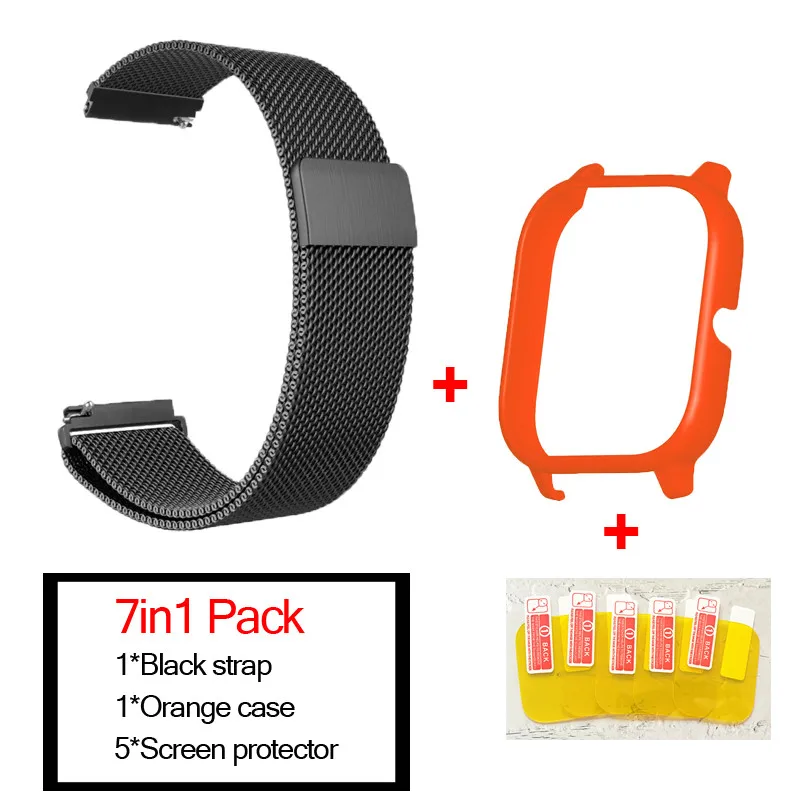 black-orange 7в1 умные часы аксессуары для Huami Amazfit GTS ремешок из нержавеющей стали магнитный браслет для Amazfit gts чехол Защитная пленка - Цвет: black-orange