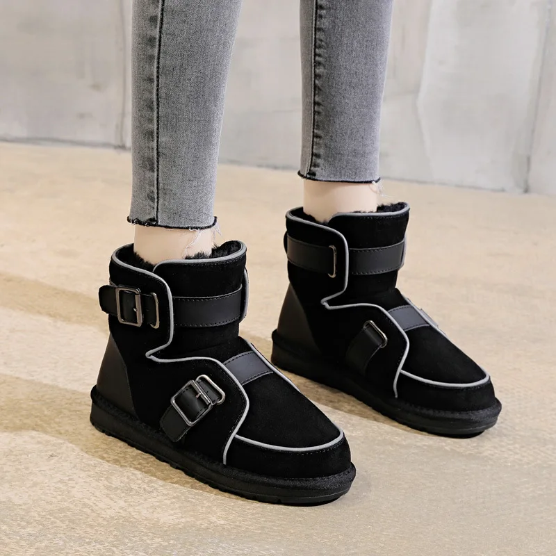 

2020 New Model Fur Cow Suede Snow Boots Women; Reflective Buckle Motorcycle Boots; Warm Winter Women's Boots Shoes Women