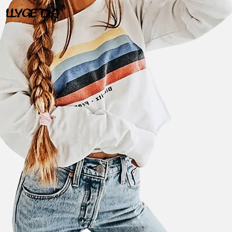 Женские футболки с радужным принтом белые женские круглым вырезом и длинным