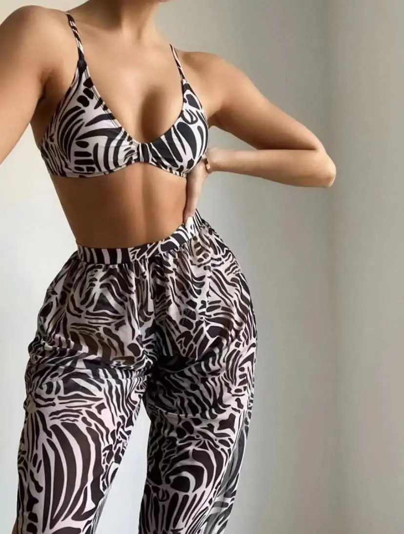 

Пикантный комплект бикини с принтом из 3 предметов, женская одежда, пикантное бикини с открытой спиной, длинный женский вечерний костюм, пля...