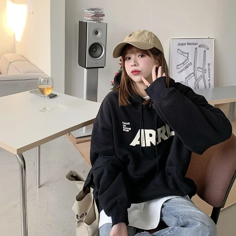 Серая плюшевая толстовка женская осень-зима 2021 новый милый крутой нишевый дизайн