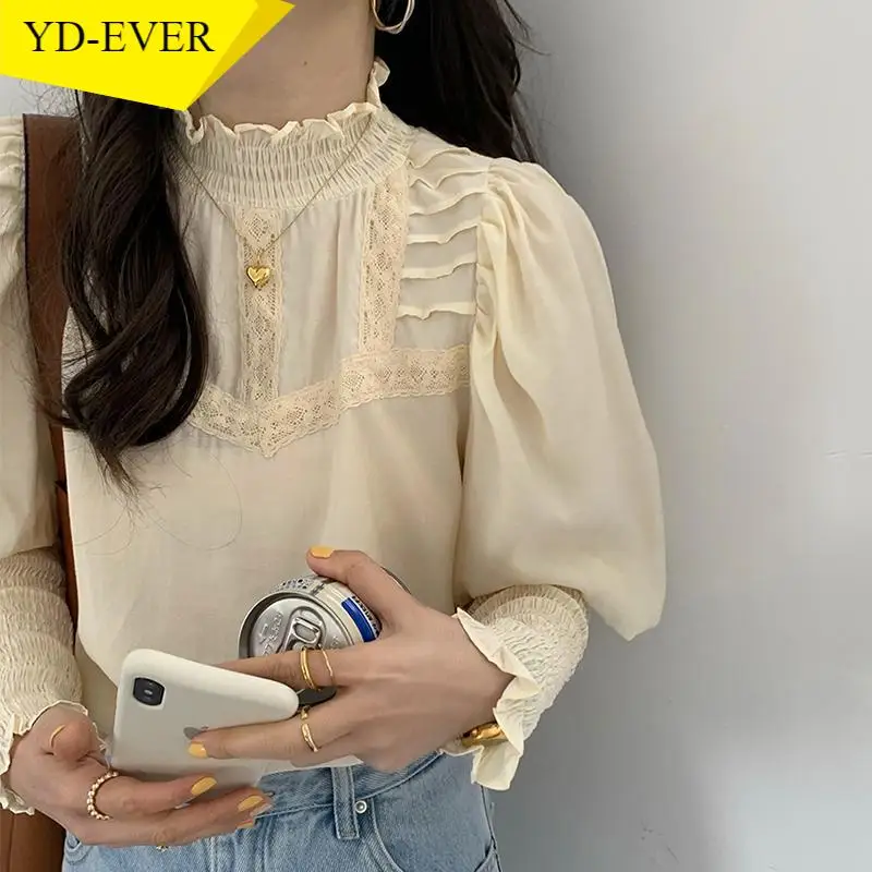 Woherb милые рубашки со стоячим воротником кружевными оборками Лоскутная Свободная