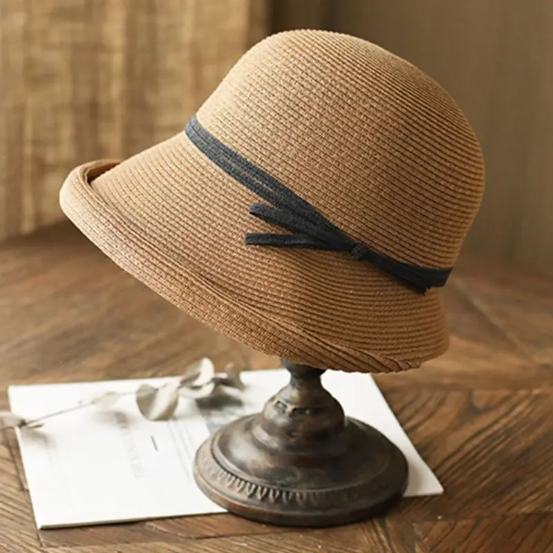 Women Hepburn Vintage Woven Sun Hat Elegant Contrast Color Bowknot Short Roll Up Brim Foldable Summer Bucket Cap
