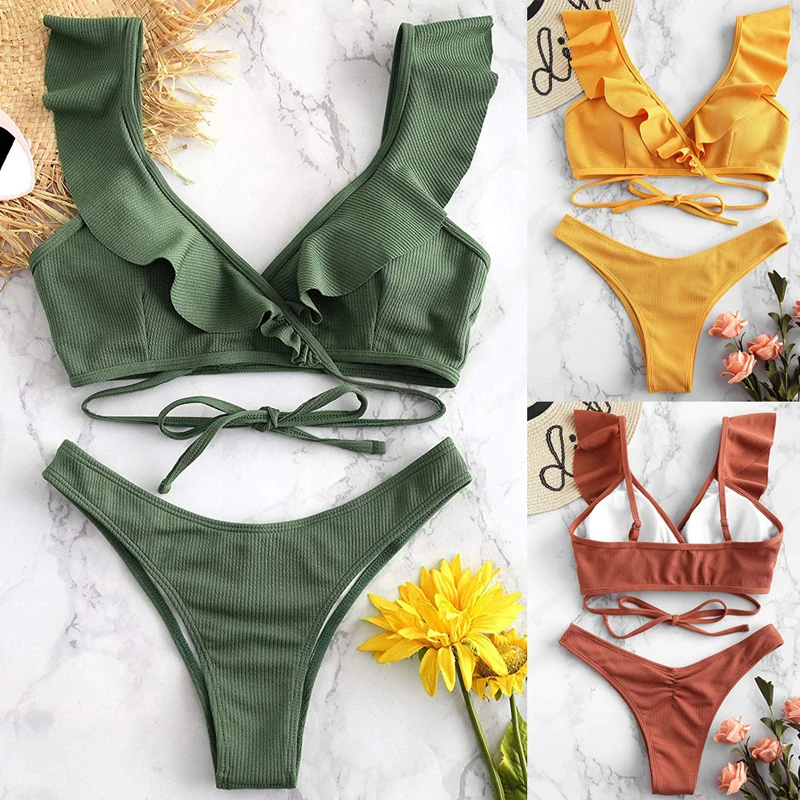 Женский купальник пуш ап бикини с оборками и низкой талией пляжный бандажный