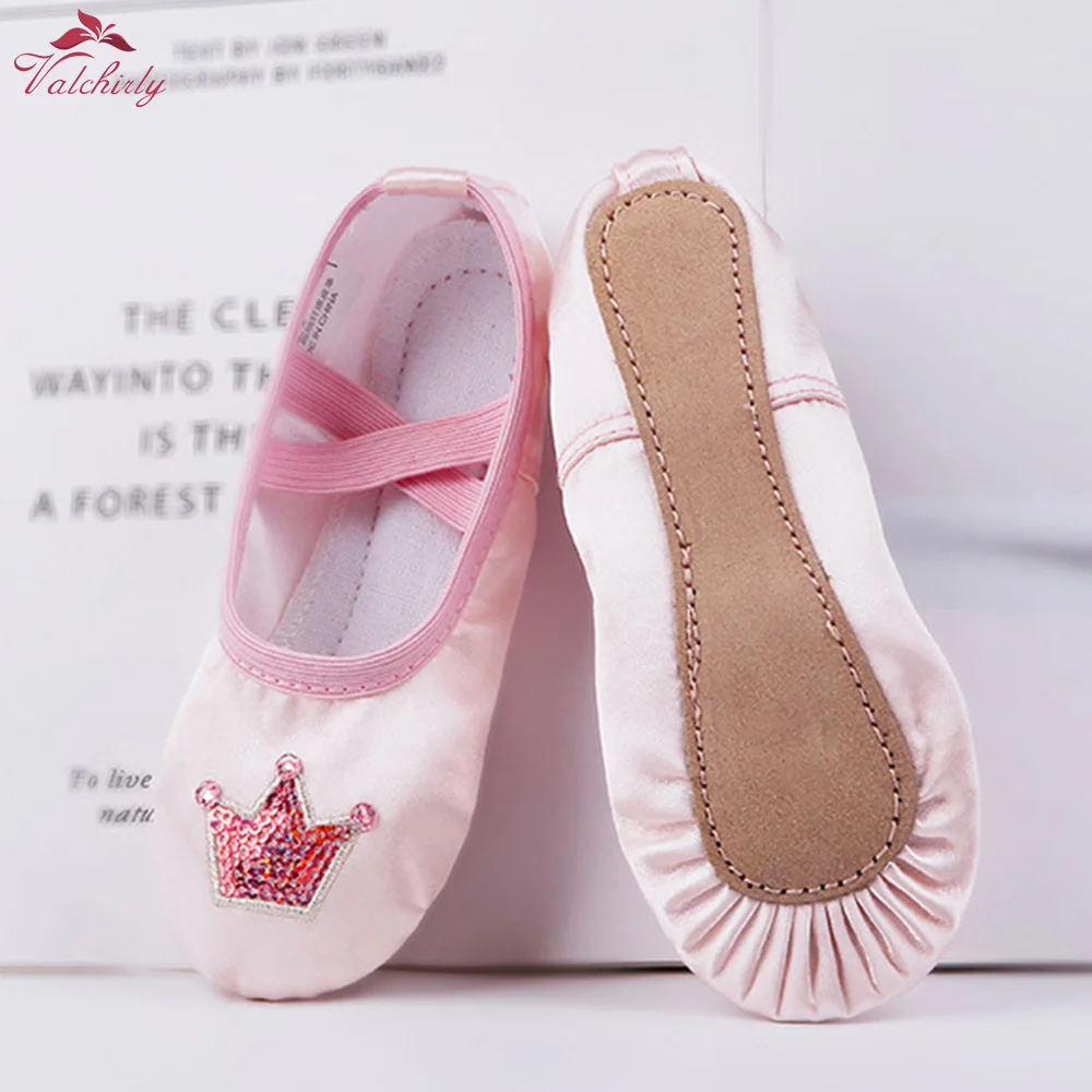 High Quality Girls Kids  Full Sole Ballet Shoes Satin Pointe Shoes Dance Slippers Ballerina Crown Sequins Decoration