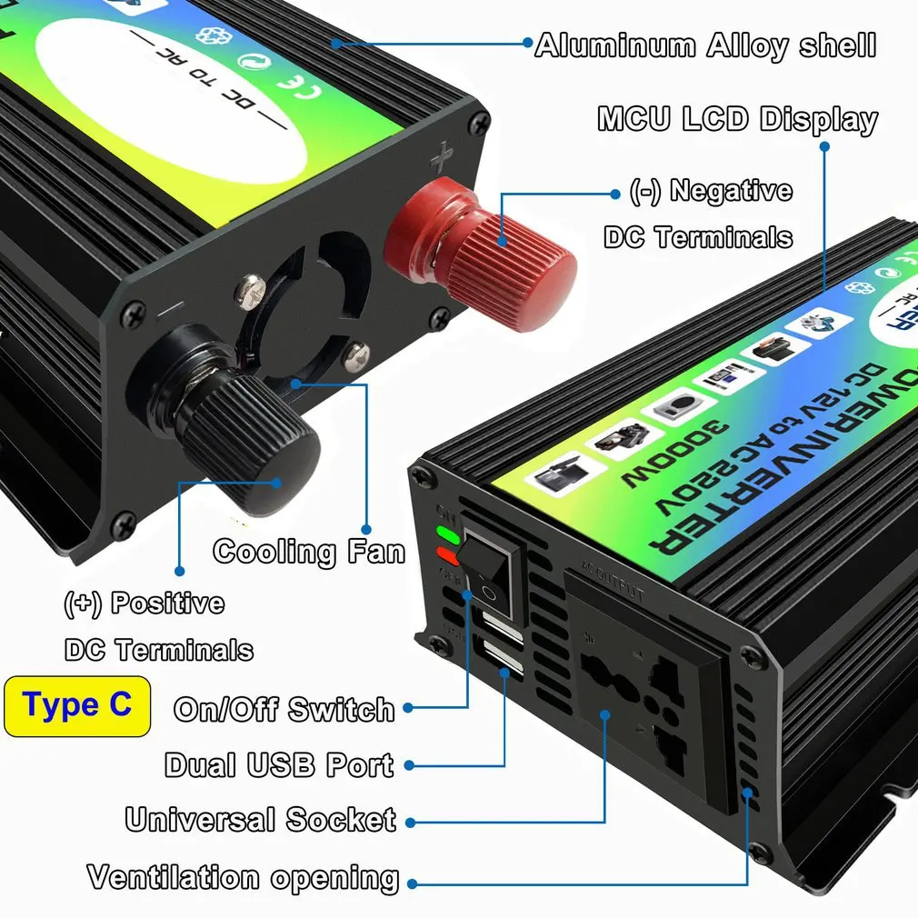 

New Car Conversion Inverter LED Display Dual USB Black 6000W 4000W 3000W Inverter 12V-220V Multiple Protection