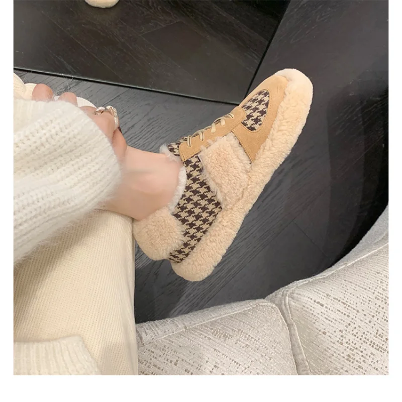 

Cotton Shoes Women's Autumn and Winter 2021 New Style Lattice Lace-up Warmth and Velvet Thick-soled Plush Casual Shoes