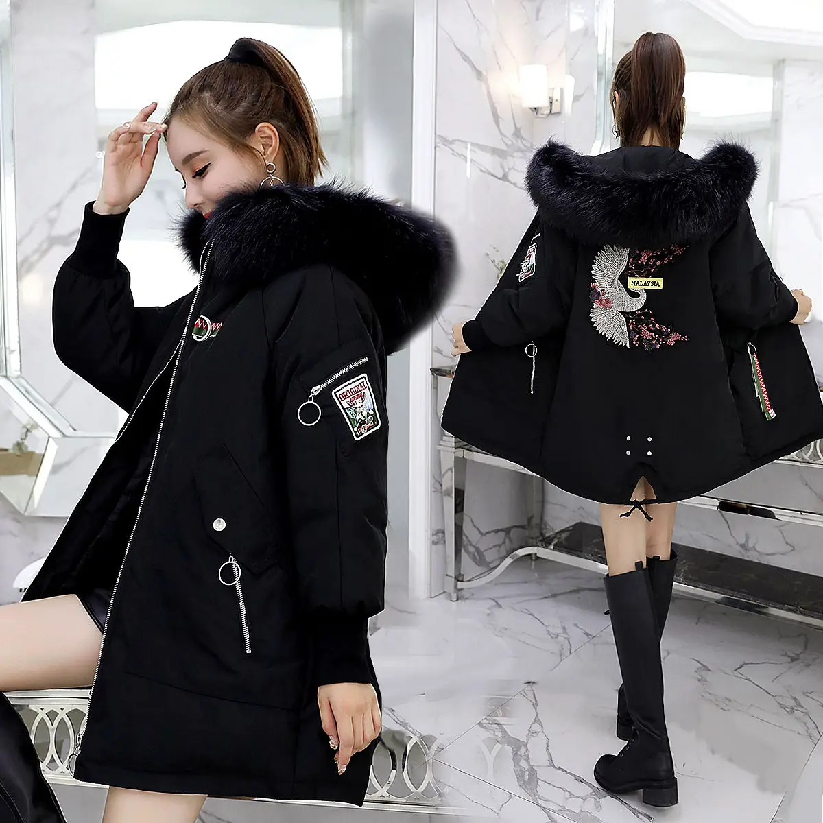 Down jacket 2020 winter fashion simple personality long sleeve mid-length solid color hooded fashion buckle