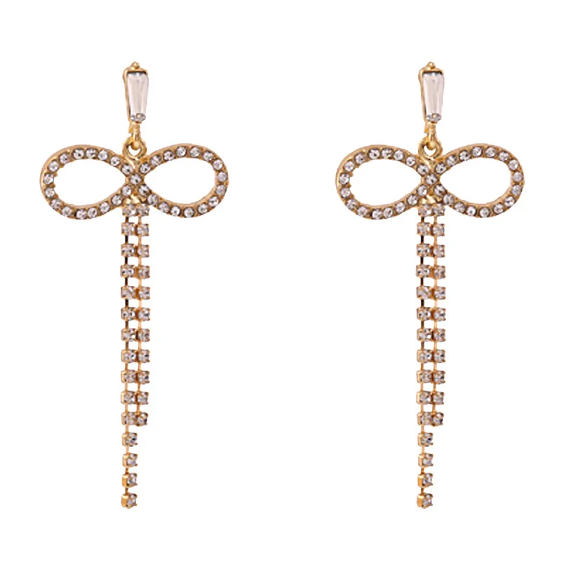 

Shiny Rhinestone Crystal Bowknot Tassel Drop Earrings for Women Girl Female Temperament Wedding Bridal Jewelry