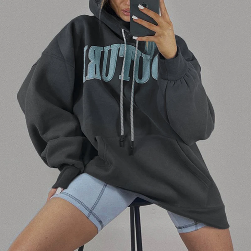 

Autunm and Winter Grey Printed Hoodies Mall Goth Long Sleeve Oversized Sweatshirts Harajuku Big Pocket Y2k Casual Tops