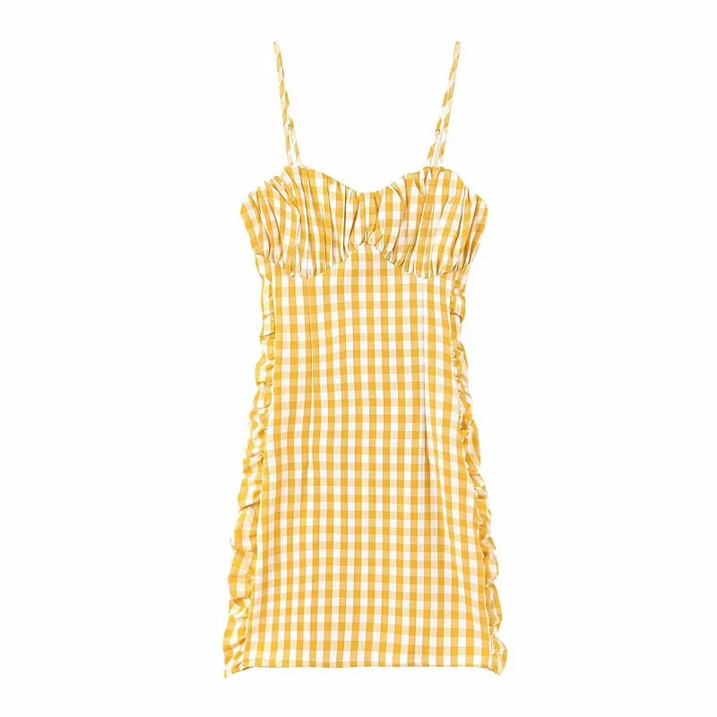 Женское винтажное плиссированное платье желтое облегающее мини в клетку легкое