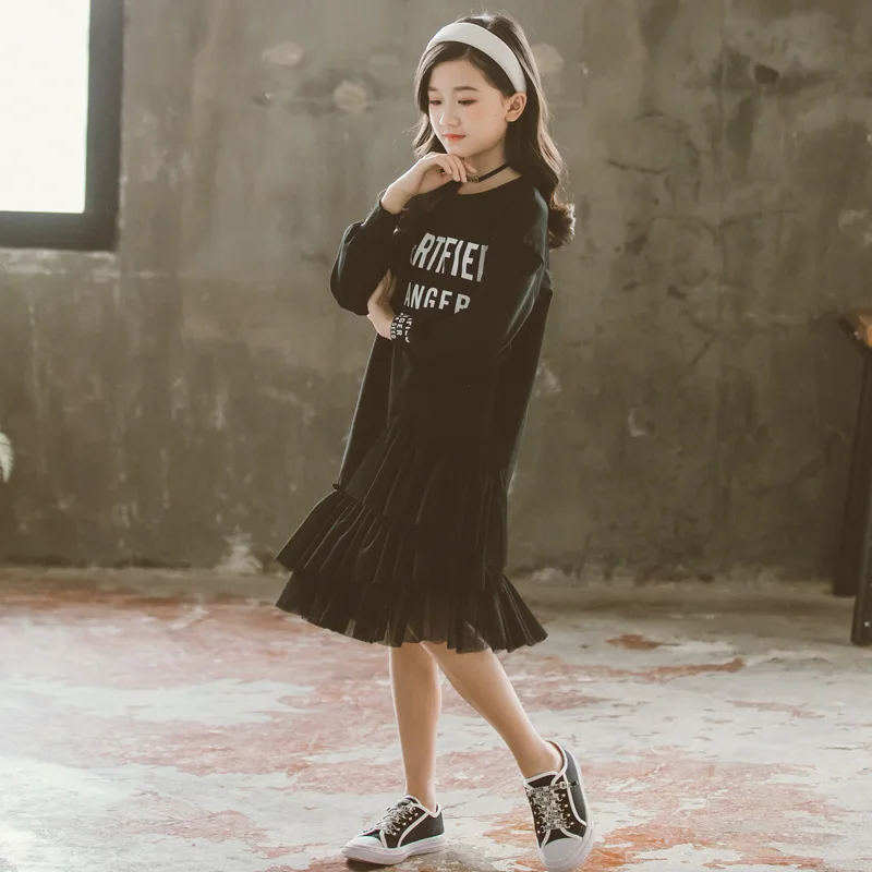 

New Arrive Long Kids Dresses Teenage Girl Dress Children Clothing Spring Autumn Black Beige Wedding Party Dress Plus Size