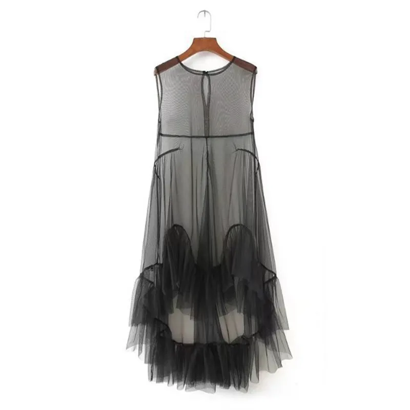 Женское Сетчатое платье без рукавов черное асимметричное во французском стиле с