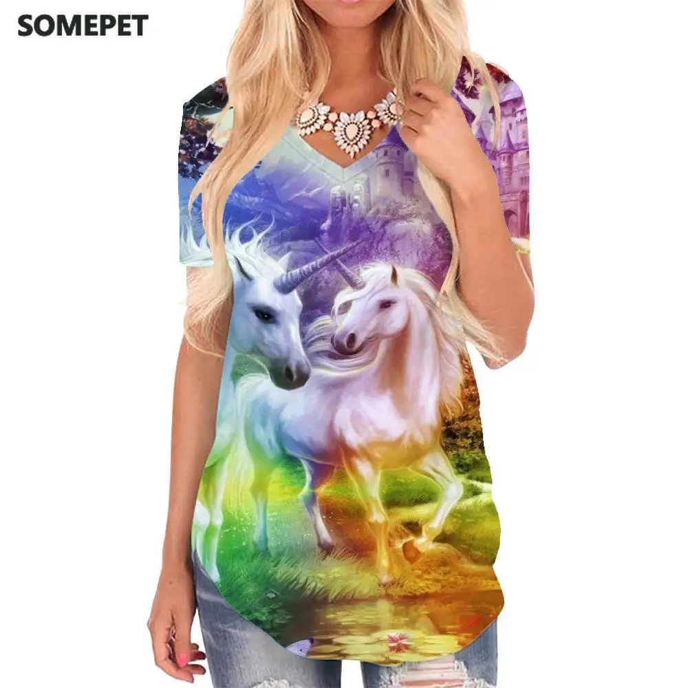 

SOMEPET Unicorn T-shirt women Forest T-shirts 3d Animal V-neck Tshirt Harajuku Funny T shirts Womens Clothing Fashion Loose
