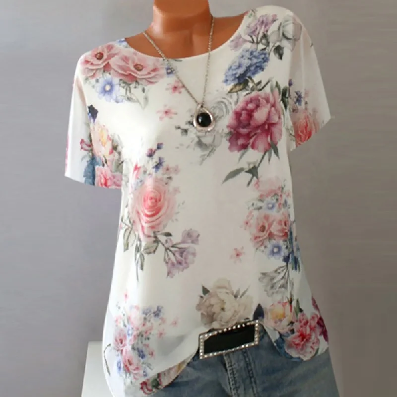 

Vintage Flower Print Top Short Sleeve Chiffon Shirts Women Blouses Casual White Shirt Elegant Ladies Summer Blouse Plus Size 5XL