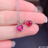 fine jewelry 925 pure silver inset with natural gem womens luxury classic heart ruby pendant adjustable ring set support detect
