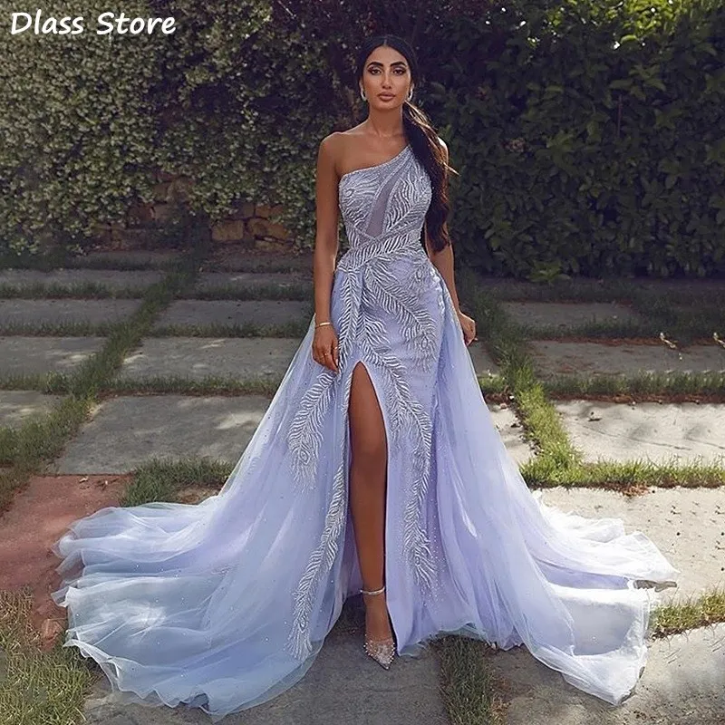 

2020 New Evening Dress Lavender One Shoulder Lace Applique Mermaid Prom Dress Sequin Split Sweep Train платья знаменитостей
