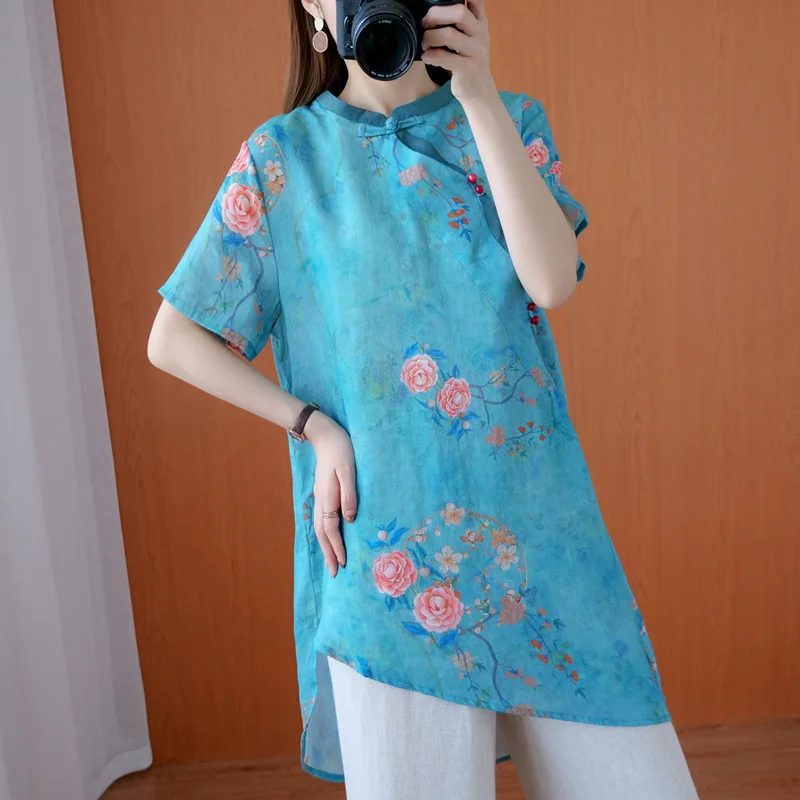 

Retro Cotton and Linen Shirt Women National Style Floral Print Asymmetric Hem Slim Tops Traditional Chinese Clothing for Women