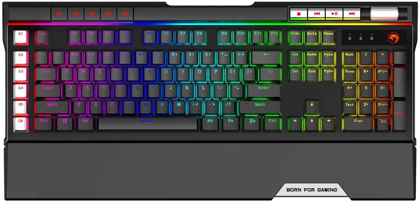 

Механическая игровая клавиатура MARVO KG965G RGB, 119 клавиш, включая 10 макроклавиш, медиа-контроль, с подставкой для запястья, синий переключатель