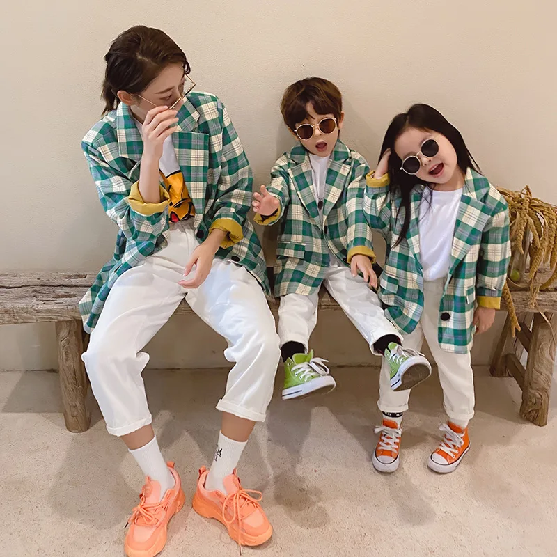 

Autumn Family Matching Outwear Mother Daughter Son Fashion Plaid Suit Jackets Mommy and Me Long-sleeve Coats Family Look