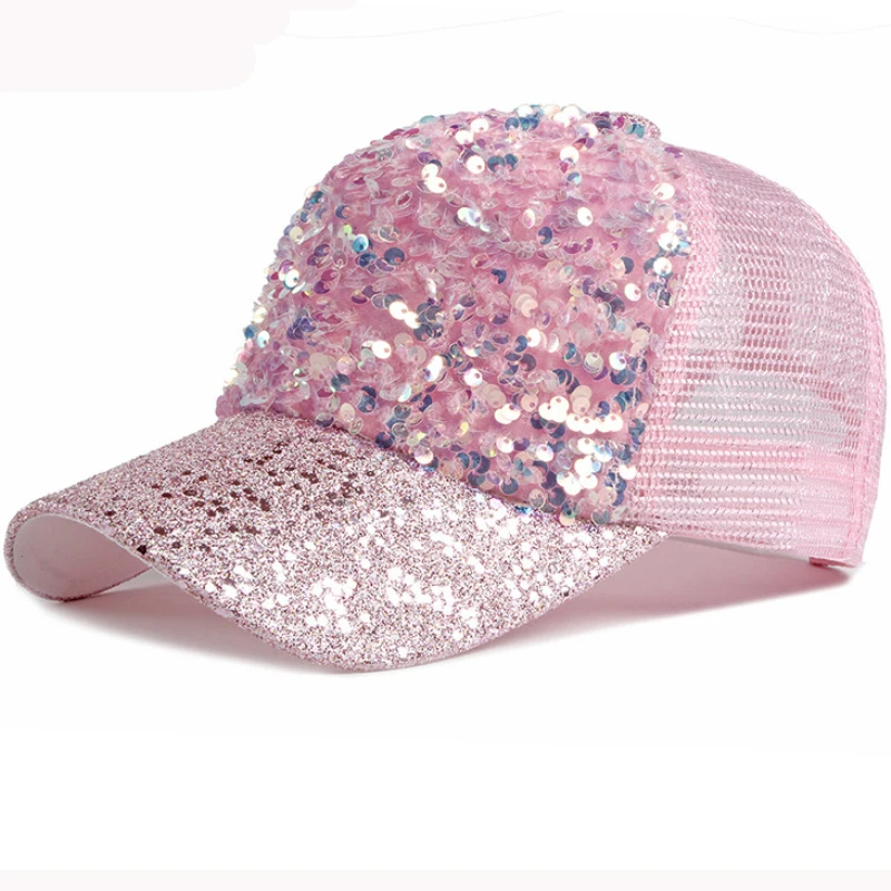 HT3153 Baseball Cap Women Sequin Baseball Hat Ladies Adjustable Snapback Trucker Mesh Cap Female Breathable Shiny Summer Sun Hat