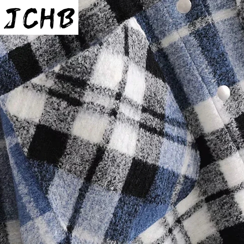 

SHZQJCHB Loose Plaid Shirt Jacket Women Batwing Long Sleeve Pockets Wool Coat Female Turn Down Collar Tops Ladies Outerwear