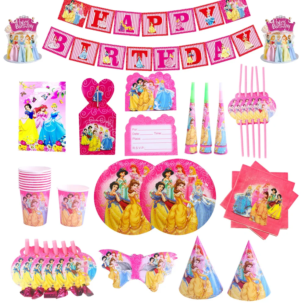

Disney Princess Birthday Girl Theme Party Supplies Paper Plate Napkin Tablecloth Balloon Disposable Tableware Set Baby Shower