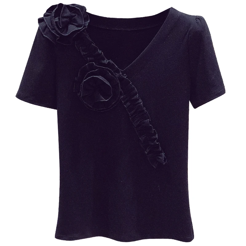 

Three-Dimensional Flower Ruffle V-neck Short Sleeve T Shirt for Women 2021 Summer New Korean Style Casual Slim Tops