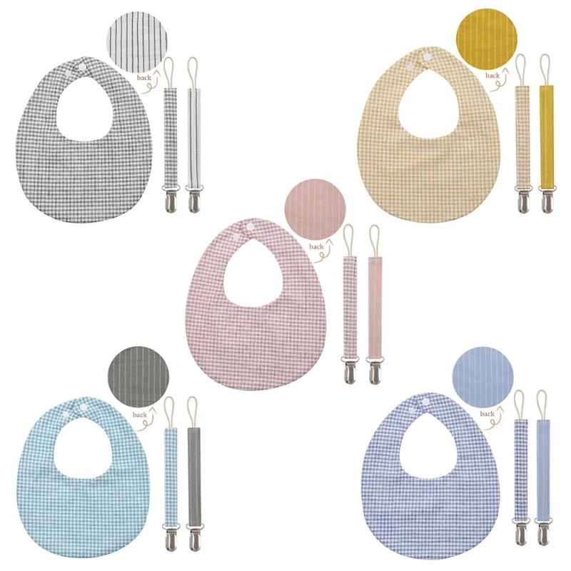 

Baby Linen Cotton Bib Pacifier Chain Clips Set Double Sided Lattice Printing Feeding Apron Saliva Towel Nipple Holder