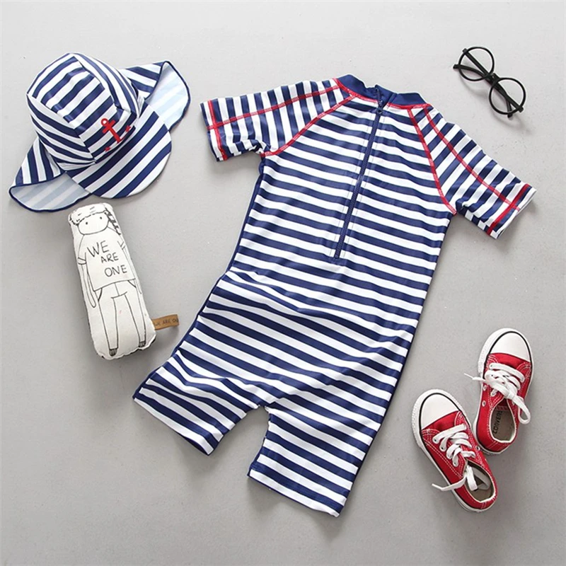 Купальный костюм для мальчиков в полоску с принтом якоря цельный купальный