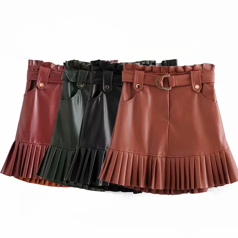 Сексуальные плиссированные юбки из искусственной кожи с рюшами женские зеленые
