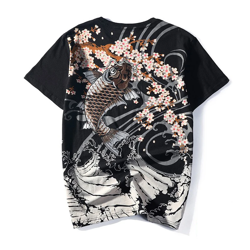 

2021 New Arrival O-Neck Floral T Shirt Men Hip Hop Tshirt Original Summer Heavy Embroidery Carp Loose Man Cotton Short Animal