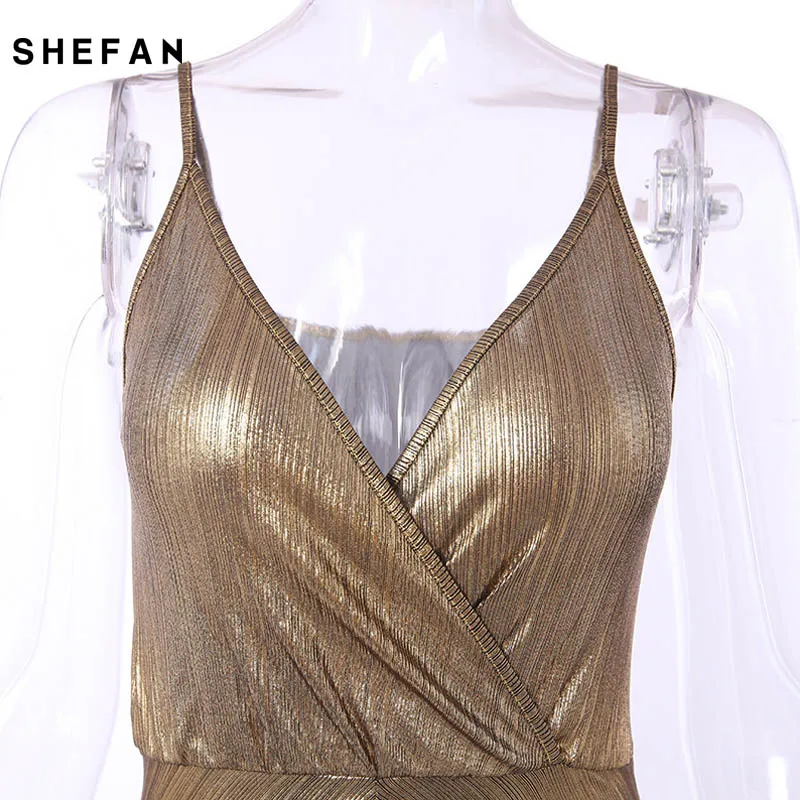 Shfan Women Pleated Solid Gold Shiny Mini Dress Spaghetti Strap Backless Sexy V Neck Slim Bodycon Party Qutfits Clubwear Vestido | Женская