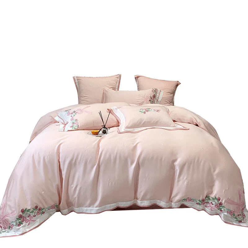 

Girl's Pink Cute Princess Tencel Embroidery Four-Piece Summer Silky Bare Sleeping Bedding cover bed