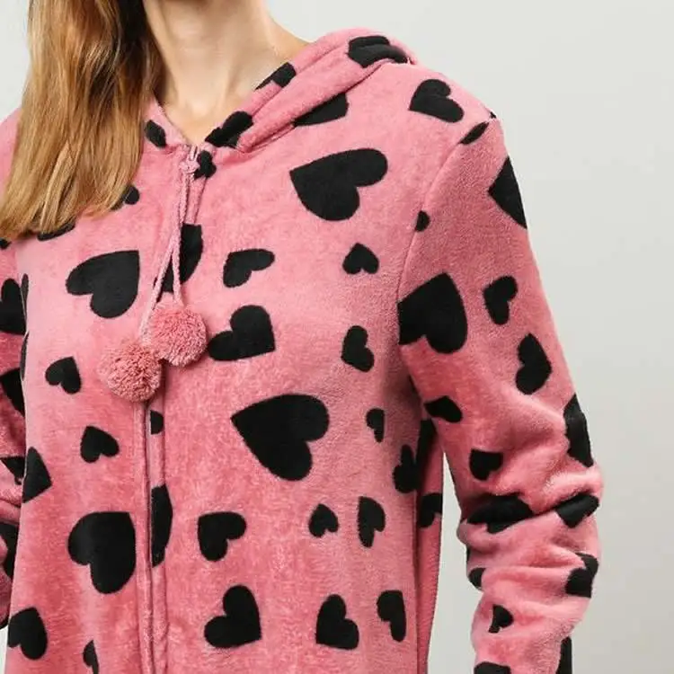 

Women Onesies Sweet Heart Print Flannel Jumpsuits Sleepwear Pajamas Onesie Lovely Winter Pyjamas