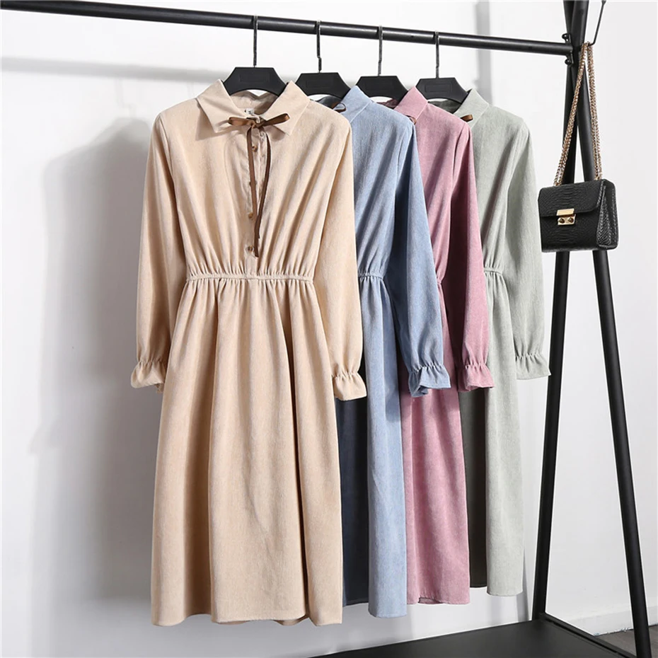 S-XL Bowtie Corduroy Dress Women Autumn Winter Lapel Single-breasted Elastic Waist Slim Vestidos Plus Size A-Line | Женская одежда