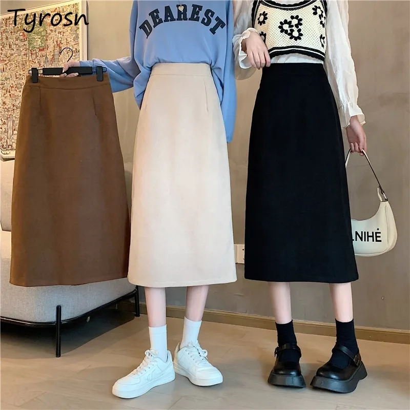 

Women Autumn Winter Skirts A Line All Match High Waist Mid Calf Slender Chic Fashion Vintage Korean Style Faldas Stylish Tender