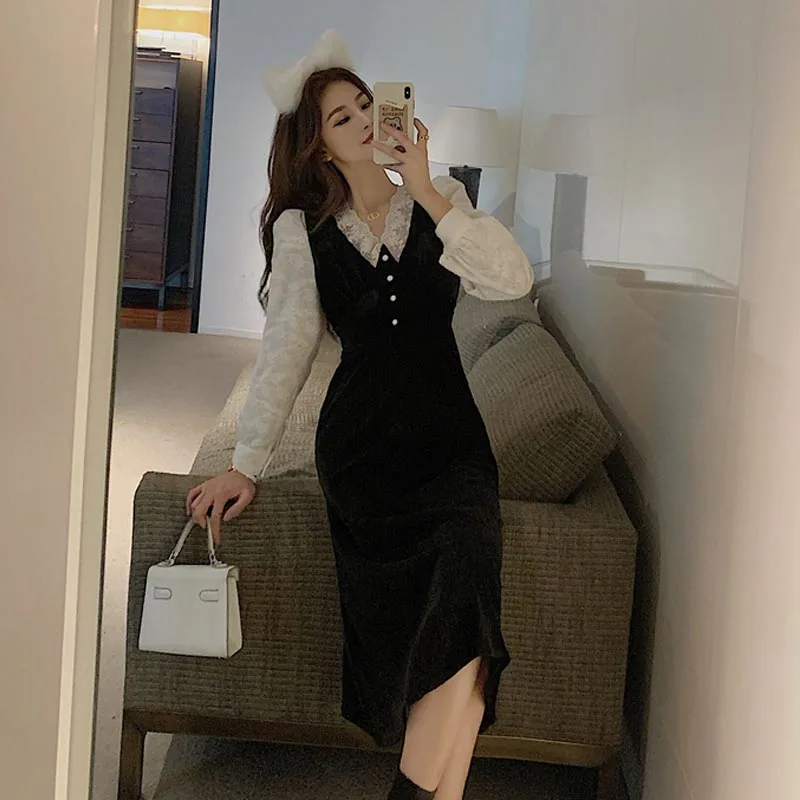 

One-Piece Korean Style 2020 New Spring Autumn Women Chic Dress Vintage Elegant Fashion Temperament Dress Lace Trim Black Dresses