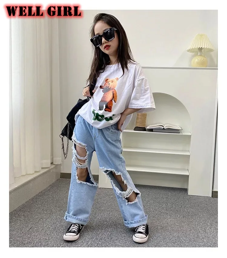 

Baby Girls Jeans Pants Big Holes Spring 2021 Baggy Pants Toddler Girl Fall Clothes Trousers Capris Ripped Denim 3 to 16 yrs