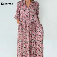 cashiona 2021 new summer mid calf dress women bohemian flower print dresses new patchwork button vintage loose dress vestidos