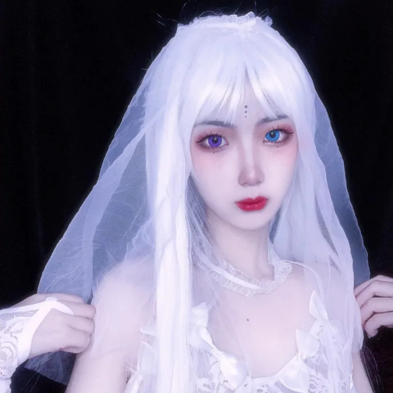 

Japanese cosplay wig female white air flat bangs long straight hair full mechanism chemical fiber headgear Multifunction anime