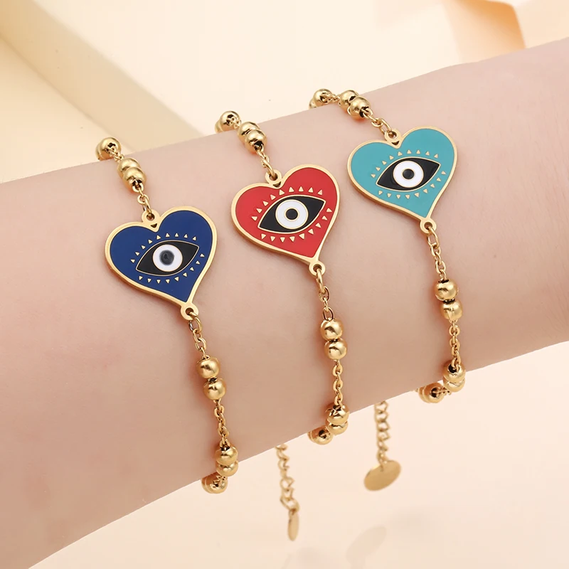 Браслет женский из нержавеющей стали 3 цвета в форме сердца Турецкий Дурной глаз