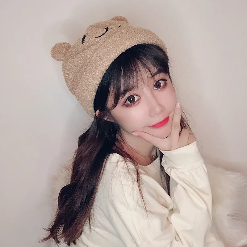 Женская шапка с милыми ушками медведя Мягкая Милая зимняя теплая вязаная капюшон