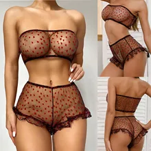 Sexy Lingerie Womens Underwear Set See Through Love Pattern Lace Women Sexy Lingerie Bra + Thong Pajamas Underwear Set
