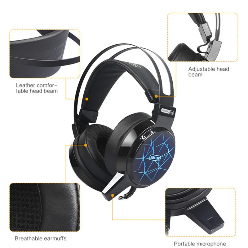 unitop salar c13 gaming big headset wired headphones with micled light over ear stereo deep bass for pc computer gamer earphone free global shipping